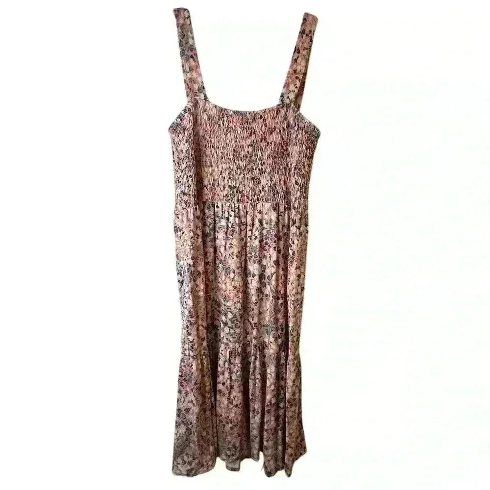 LOFT Women's M Floral Smocked‎ Boho Knee Length Dress Multicolor